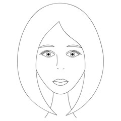 Womans face. Sketch. The head of the girl in full face. Vector illustration. Classic bob hairstyle. Long eyelashes. Plump lips. Mysterious female portrait. Coloring book for children. 