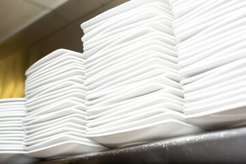 A view of stacks of plates on a shelf, in a restaurant kitchen setting.