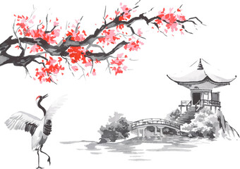 Japan traditional sumi-e painting. Fuji mountain, sakura, sunset. Japan sun. Indian ink vector illustration. Japanese picture.