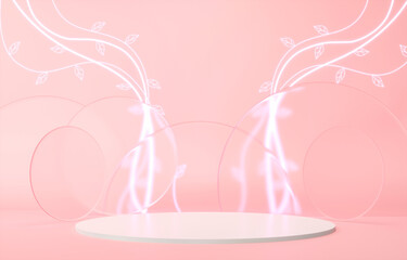 Exhibition Round cylindrical podiums. Platform, product pedestal - 3d render illustration. Neon glowing branches on a pink background. Valentine's day, birthday, anniversary - holiday discounts, sale