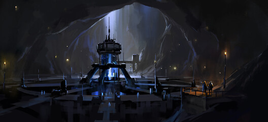 Secret underground nuclear reactor facility, digital science fiction illustration. © liuzishan
