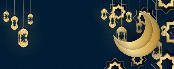Ramadan Kareem Blue Gold Horizontal Banner. Ramadan Kareem arabic calligraphy greeting design islamic line mosque dome with classic pattern and lantern