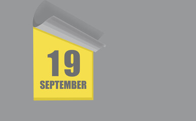 september 19. 19-th day of the month, calendar date. Gray numbers in a yellow window, on a solid isolated background. Spring month, day of the year concept