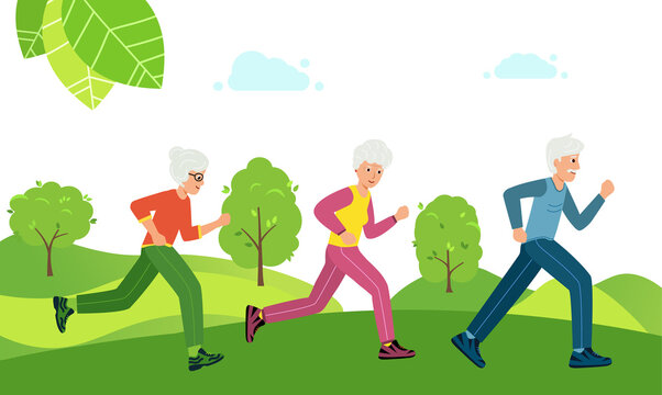 Older people play sports. Grandmother and grandfather run in park. Concept of longevity and active lifestyle. Vector illustration in modern flat style.