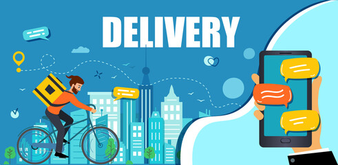 Obraz premium Delivery online order, blue banner. Courier goes around city delivering the order to buyer. Making an online order for delivery of goods or food. Vector illustration.