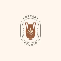Pottery Studio Logo in a Trendy Minimal Style. Vector Icon of a Greek Vase with an Olive Branch