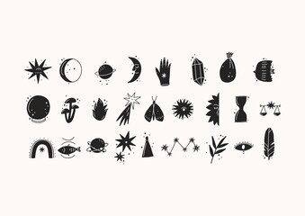 Boho magical vector illustrations. Vector witch magic design elements set. 