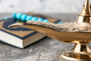 Aladdin lamp of wishes on table, closeup