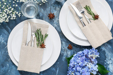 Beautiful table setting on color background