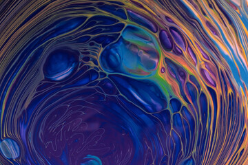 Abstract fluid art background blue and orange colors. Liquid acrylic painting