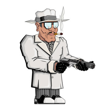 Gangster of The 30-th Years with a cigarette and a pistol. Vector illustration on a white background.