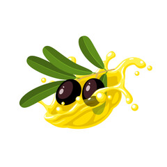 Branch with black olives in oil splash. Vector illustration of cartoon flat icon isolated on white background.
