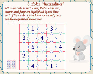  Logic game for children and adults. Inequality Sudoku. Development of attention, memory, thinking. Worksheet.