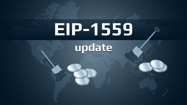 EIP-1559 Ethereum network update affects the speed of transactions and the earnings of miners on dark background. Banner for news and websites. Vector illustration.