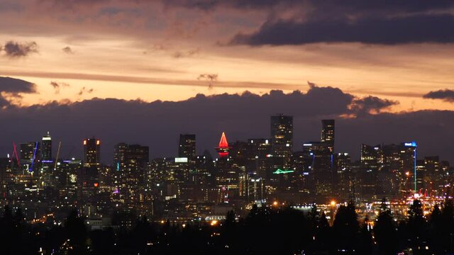 Scenic Sunset View Of Downtown Vancouver From North Burnaby In BC, Canada. timelapse, wide shot