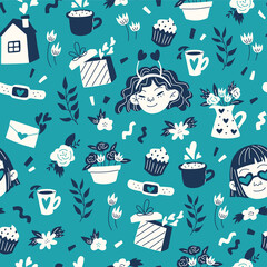 Seamless pattern with romantic elements: hearts, flowers and love letter.