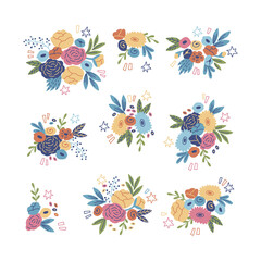 Hand drawn floral pattern on white background. Doodle style flowers and leaves.