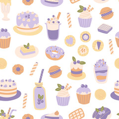 Vector seamless pattern with different sweets. Vector doodle illustration.
