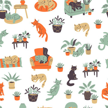 Colorful seamless pattern with сats and furniture doodle style elements.