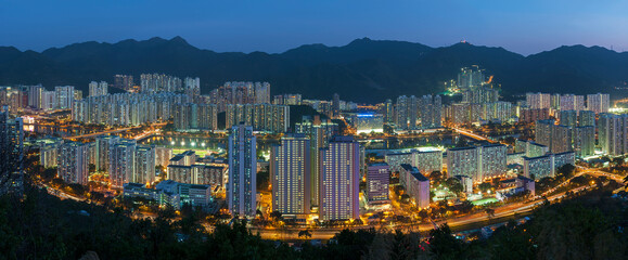 Fototapeta na wymiar Aerial view of residential district of Hong Kong city at dusk