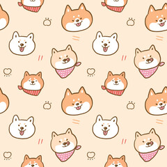 Seamless Pattern with Cute Shiba Inu Dog Face Illustration Design on Beige Color Background