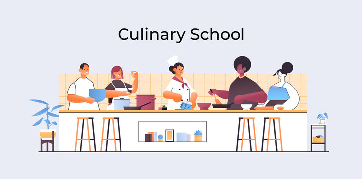 mix race chefs preparing dishes people cooking food culinary school concept kitchen interior horizontal portrait vector illustration