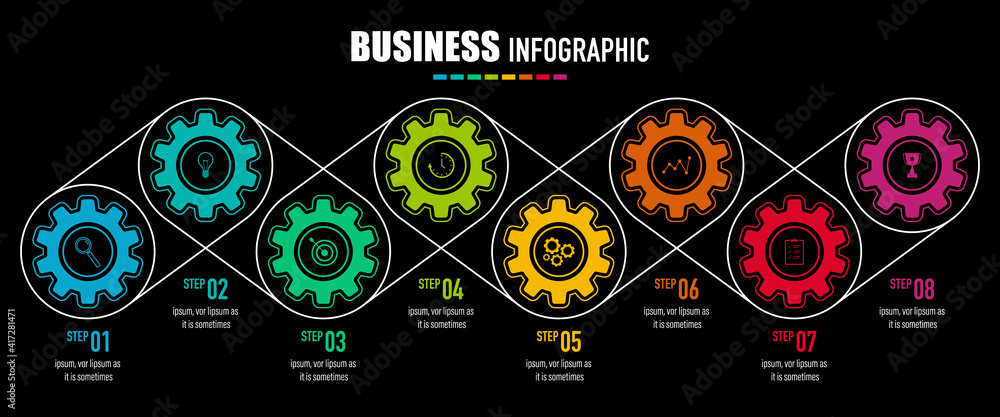 Poster infographics gear design vector and business icons with 8 options for presentation and web site