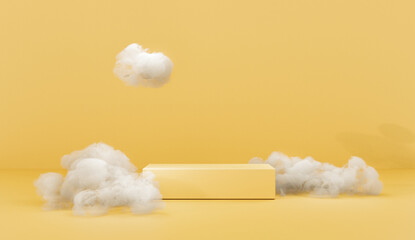 3D render, bright yellow podium, stand, platform with flying white clouds.Empty showcase for advertising and product presentation. Trendy mockup for cosmetic products.Composition of geometric objects.