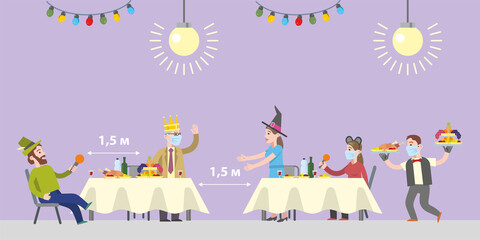 Coronavirus prevention measures during a corporate party. Observance of distance, mask mode during the holiday. Finished illustration. Flat infographics. Vector illustration