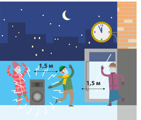 Prevention of coronavirus during a corporate party. Observance of distance, mask mode in nature at night against the background of the moon and the starry sky. Flat infographics. Vector illustration
