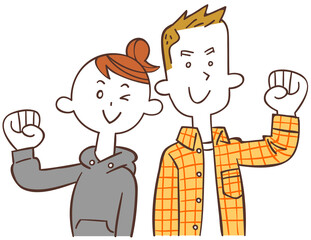 ガッツポーズするカジュアルな服装の若い男女
