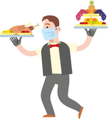 Prevention of coronavirus when working as a waiter. Masked waiter holds trays with food, fruits, drinks, isolated on white background. Flat infographics. Vector illustration