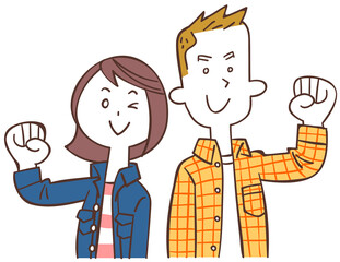 ガッツポーズするカジュアルな服装の若い男女
