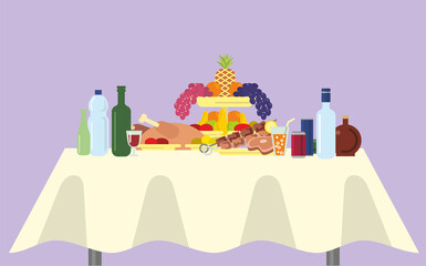 Large banquet table with drinks, fruits and food. Laid dinner table, festive dinner. Table with a white tablecloth with restaurant dishes. Flat infographics. Vector illustration