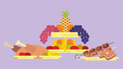 Large banquet table with fruit and meat dishes..Dishes laid out on plates. Flat infographics. Vector illustration
