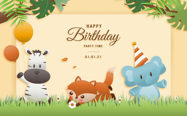 Cartoon happy birthday animals card. Greeting cards with cute safari or jungle animals giraffe, elephant, fox party in the tropical forest. Template invitation paper art style vector illustration.