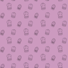 Seamless pattern with Easter cake or sweet bread or Paska. Spring festive background and texture with traditional orthodox food in contour doodle style. Hand Drawn vector illustration