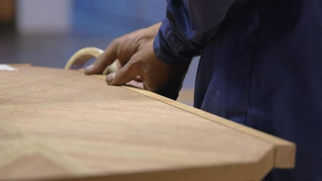 Closeup Shot Of Cabinet Maker Building A Wood Table, Furniture Making Industry