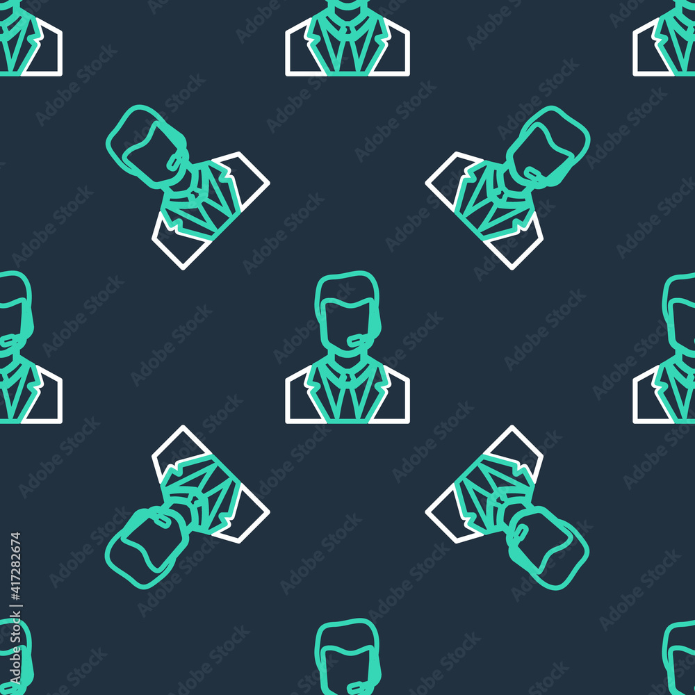 Poster line man with a headset icon isolated seamless pattern on black background. support operator in touc
