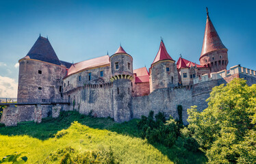 Wonderful morning view of Hunyad Castle (Corvin's Castle). Bright summer cityscape of Hunedoara,...