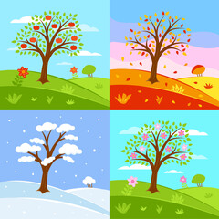 Vector set of seasons illustrations. Summer, autumn, winter, spring - landscapes in a flat style