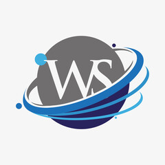 initial letter WS logotype company name colored blue and grey swoosh and globe design. isolated on white background.