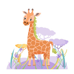 Cute giraffe in Savanna with flower and grass on white background.