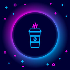 Glowing neon line Coffee cup icon isolated on black background. Disposable coffee cup with hot coffee. Colorful outline concept. Vector.