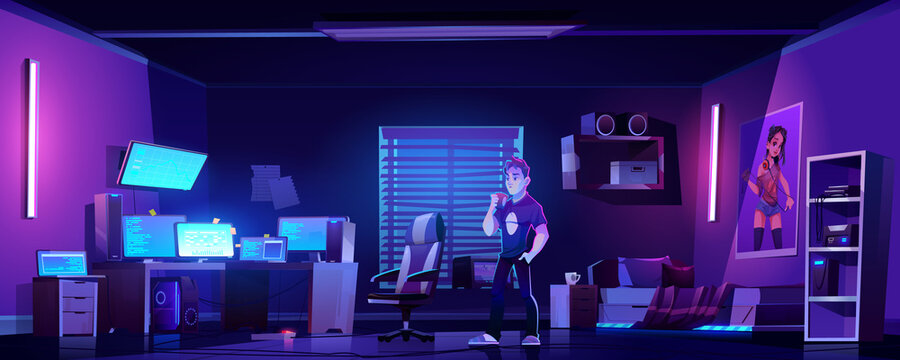 Teenager drinks coffee in bedroom with workspace of gamer, programmer or hacker at night. Vector cartoon interior room with chair, computer monitors on desk and printer on shelf