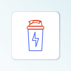 Line Fitness shaker icon isolated on white background. Sports shaker bottle with lid for water and protein cocktails. Colorful outline concept. Vector.
