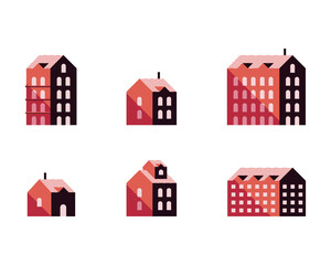 bundle of six buildings red minimal city set icons