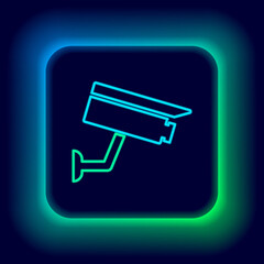 Glowing neon line Security camera icon isolated on black background. Colorful outline concept. Vector.