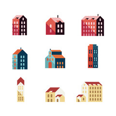Fototapeta premium bundle of nine buildings minimal city set icons