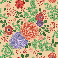 Nahtloses Blumenmuster. Pfingstrosen, Rosen und Hortensien. Vektor. © marinavorona